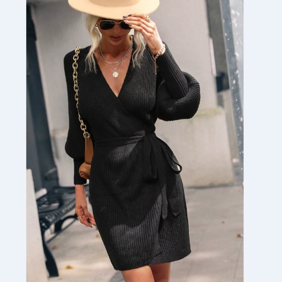 Rib-Knit Lantern Sleeve Belted Sweater Dress - Picture 16 of 16